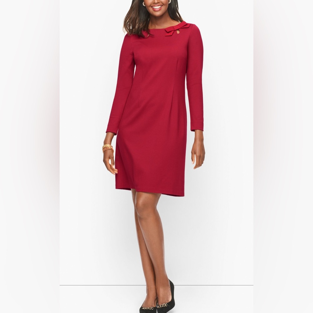 Talbots Sheath Dress 10 Ponte Bow Neck Long Sleeve Stretch Career Church